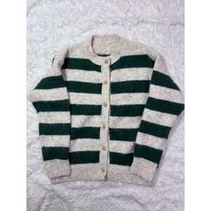 Striped Wool Blend Cardigan Sweater Green Beige Gold Button Fuzzy Knit Large